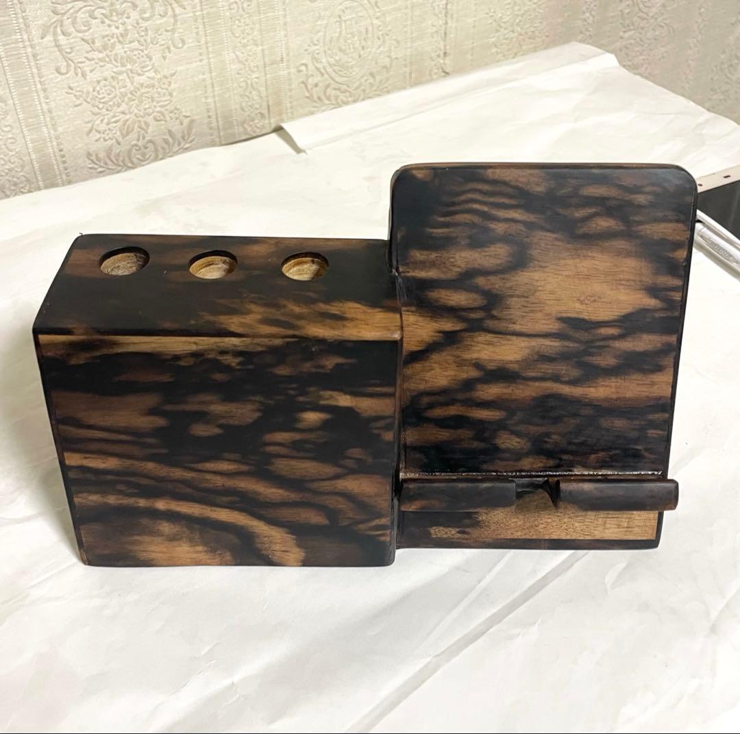 (確認用品) 黒柿一体型ペン立てスマホスタンド