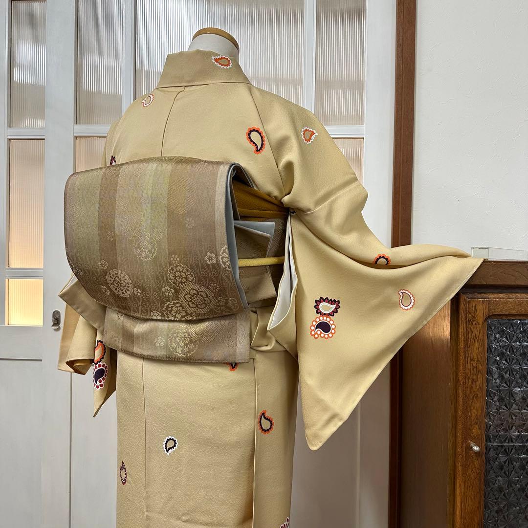こ*ら様 希少サイズ　小紋　袷　正絹　黄粉色ペイズリー柄　身丈172裄71.5ト