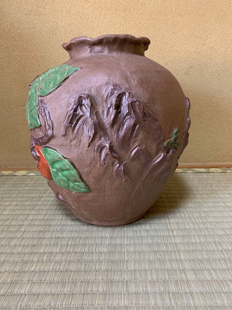 鍋島焼 名工 嘉秀 作 盛上彩釉 柿図 飾壺 陶器 壺 高さ約25㎝