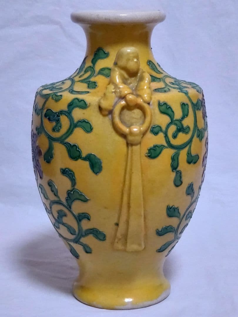 古玩　南紀男山焼　交趾唐草文　花入　古箱入