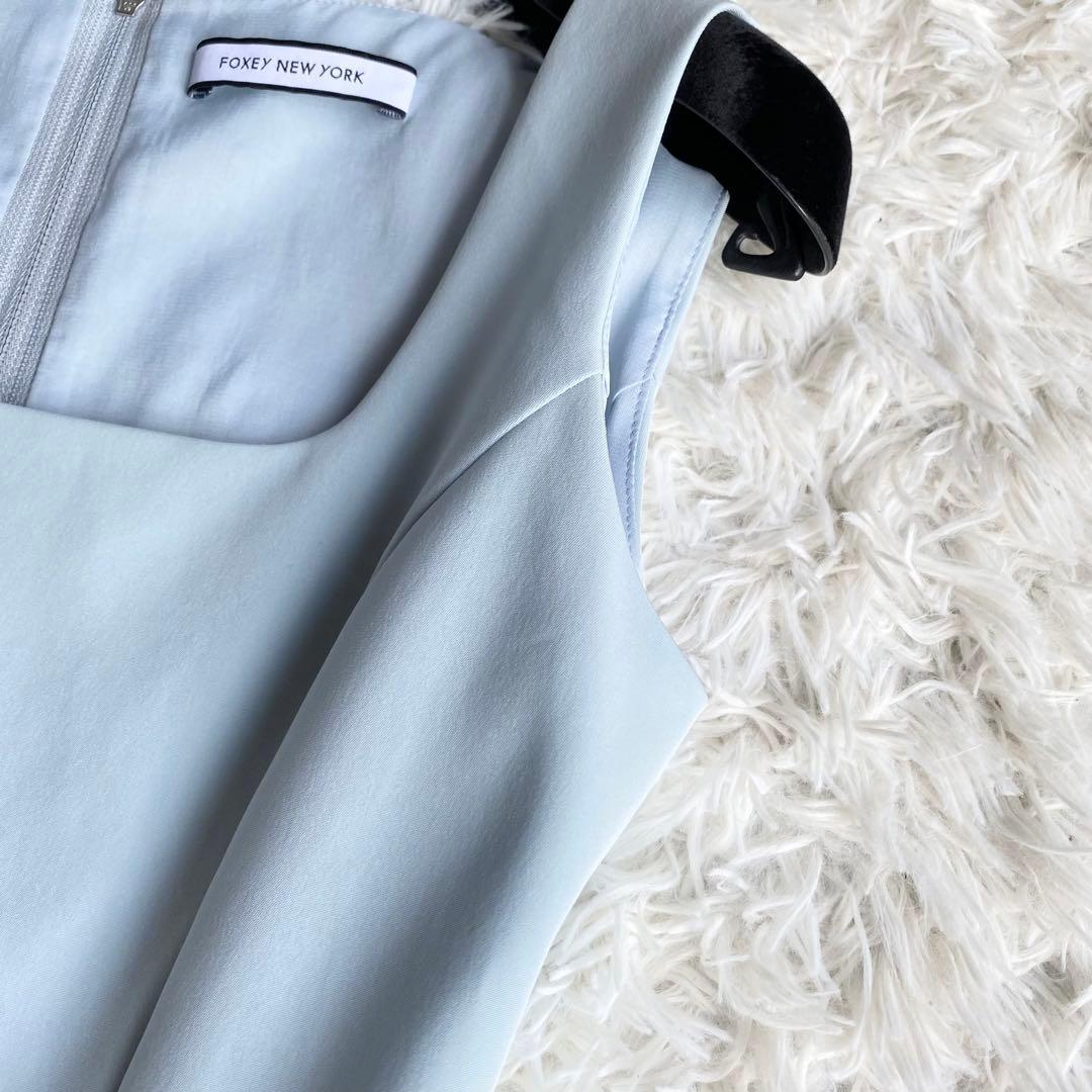 極美品◆フォクシーニューヨーク フレアワンピース サイドギャザー ミントブルー