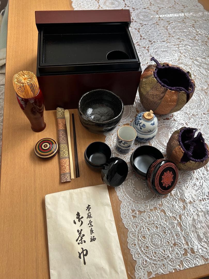 茶道具セット 一式 焦茶箱付き 木箱のサイズ 約高さ14㌢幅21㌢奥行き15㌢