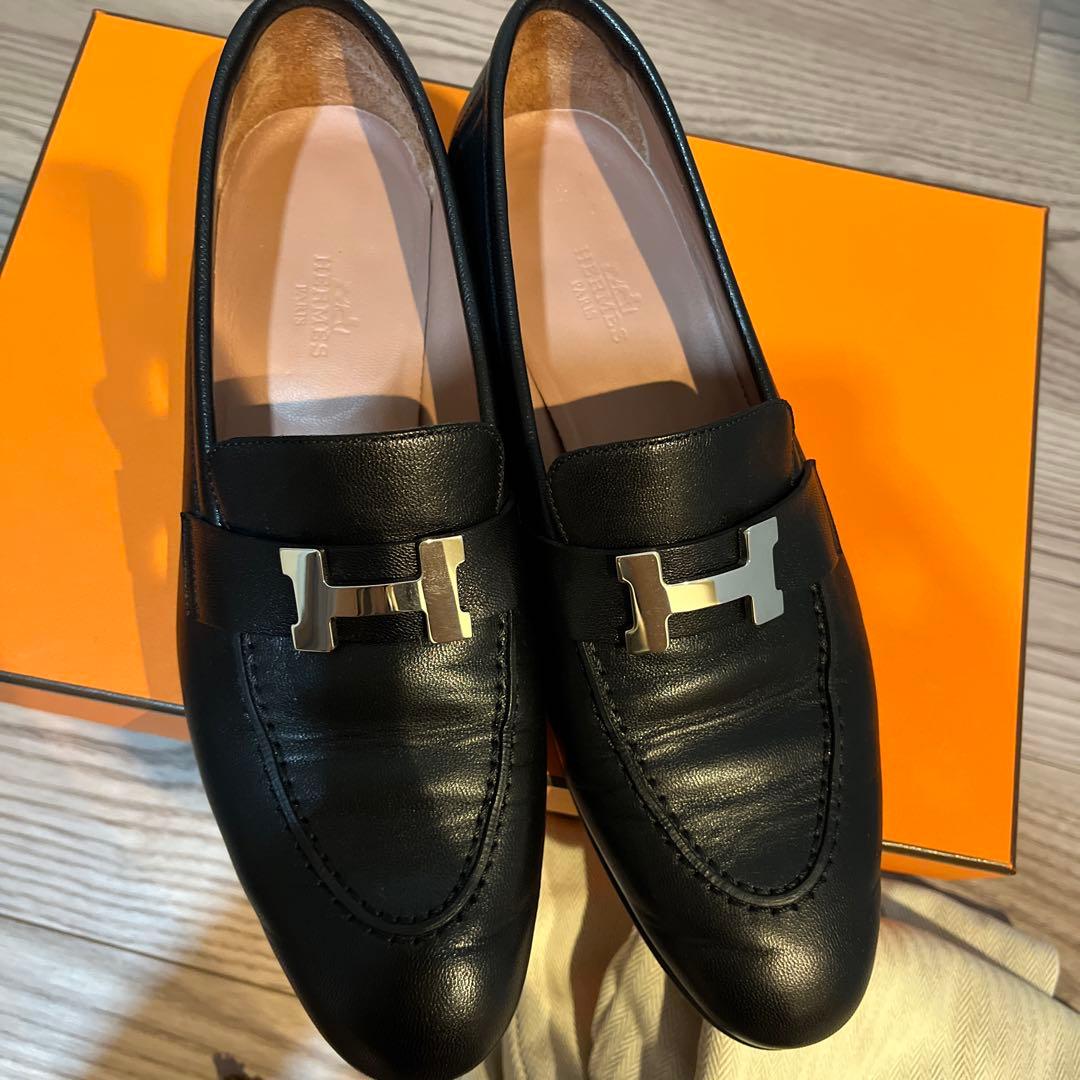 【ありがと】エルメス モカシンパリ 黒 シルバー　37.5