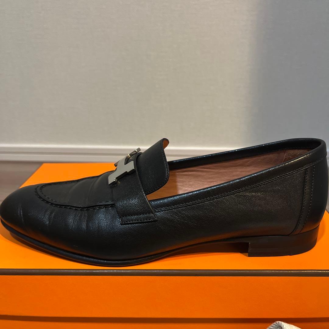 【ありがと】エルメス モカシンパリ 黒 シルバー　37.5