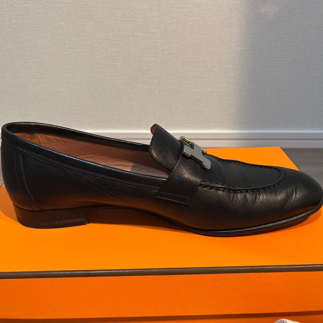 【ありがと】エルメス モカシンパリ 黒 シルバー　37.5
