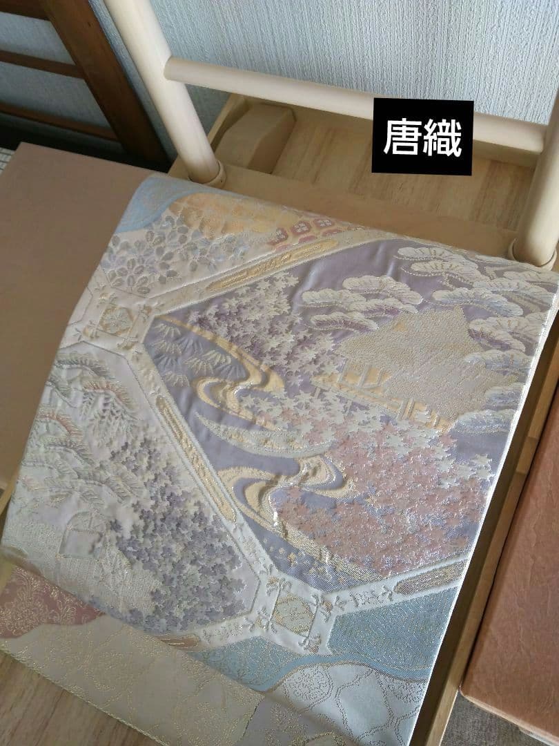 最終値下げ O-292 西陣袋帯 六通 唐織 膨れ織 建物 流水 正絹 美品
