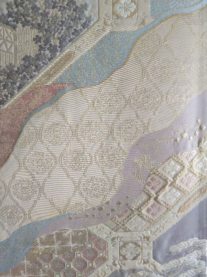 最終値下げ O-292 西陣袋帯 六通 唐織 膨れ織 建物 流水 正絹 美品