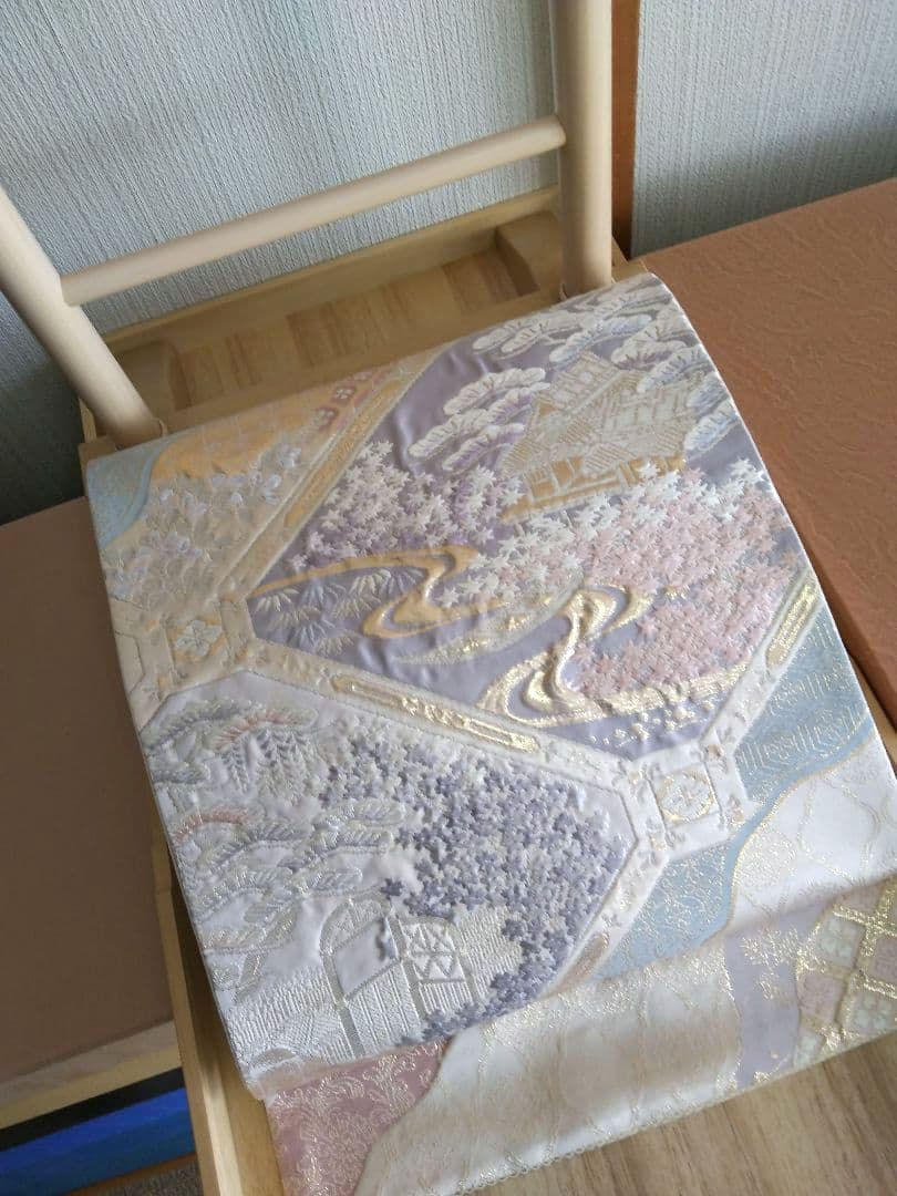 最終値下げ O-292 西陣袋帯 六通 唐織 膨れ織 建物 流水 正絹 美品