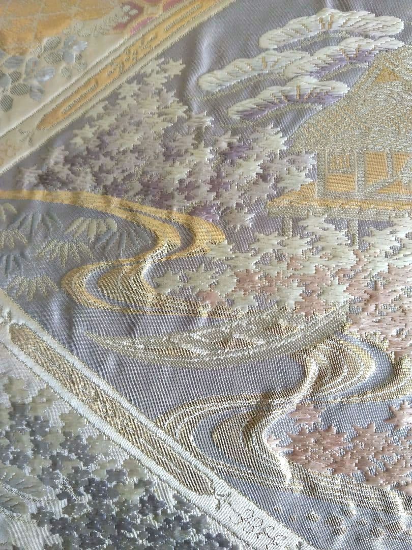 最終値下げ O-292 西陣袋帯 六通 唐織 膨れ織 建物 流水 正絹 美品