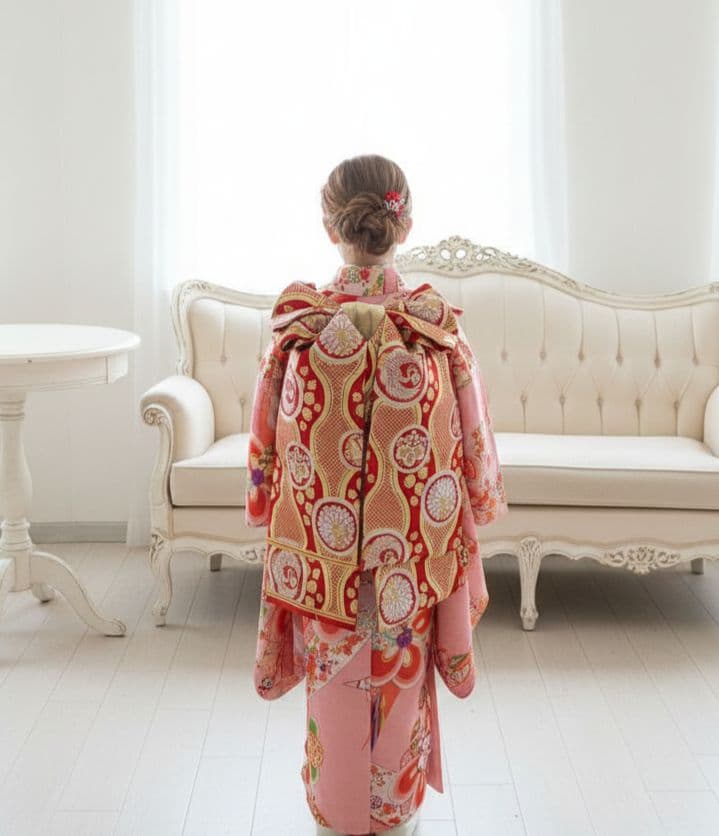 アンティークピンクの着物に作り帯セット