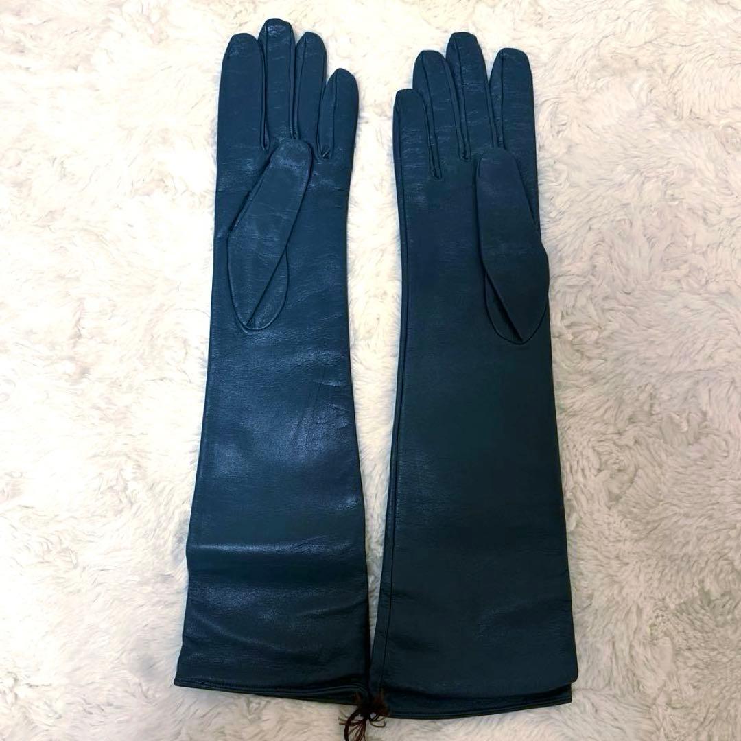 GUCCI グッチ タグ付き新品 ロングレザー手袋 青グレー7 1/2