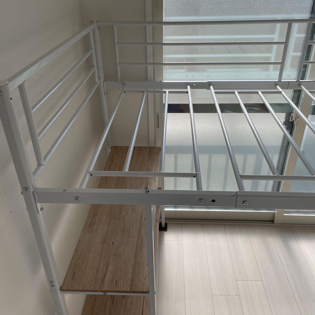 ホワイト ロフトベッド 棚付き シングルサイズ