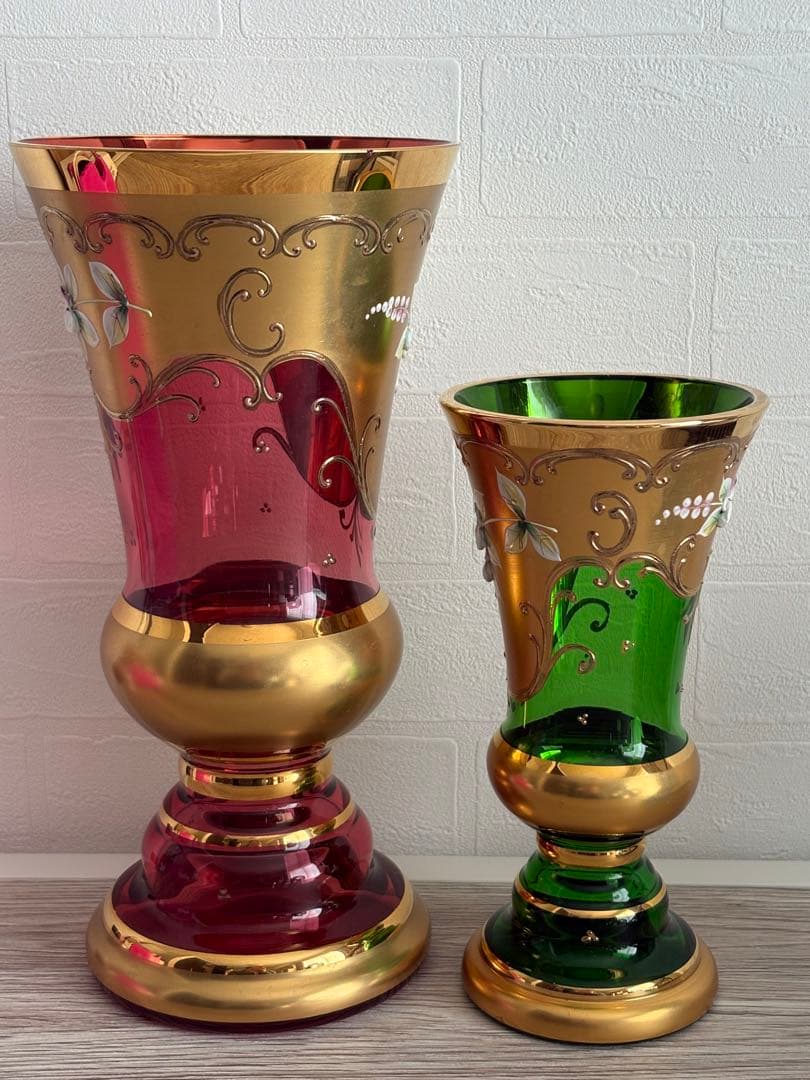 ベネチアングラス 花瓶 2点ペアセット エナメル彩 ムラーノ島 ヴィンテージ