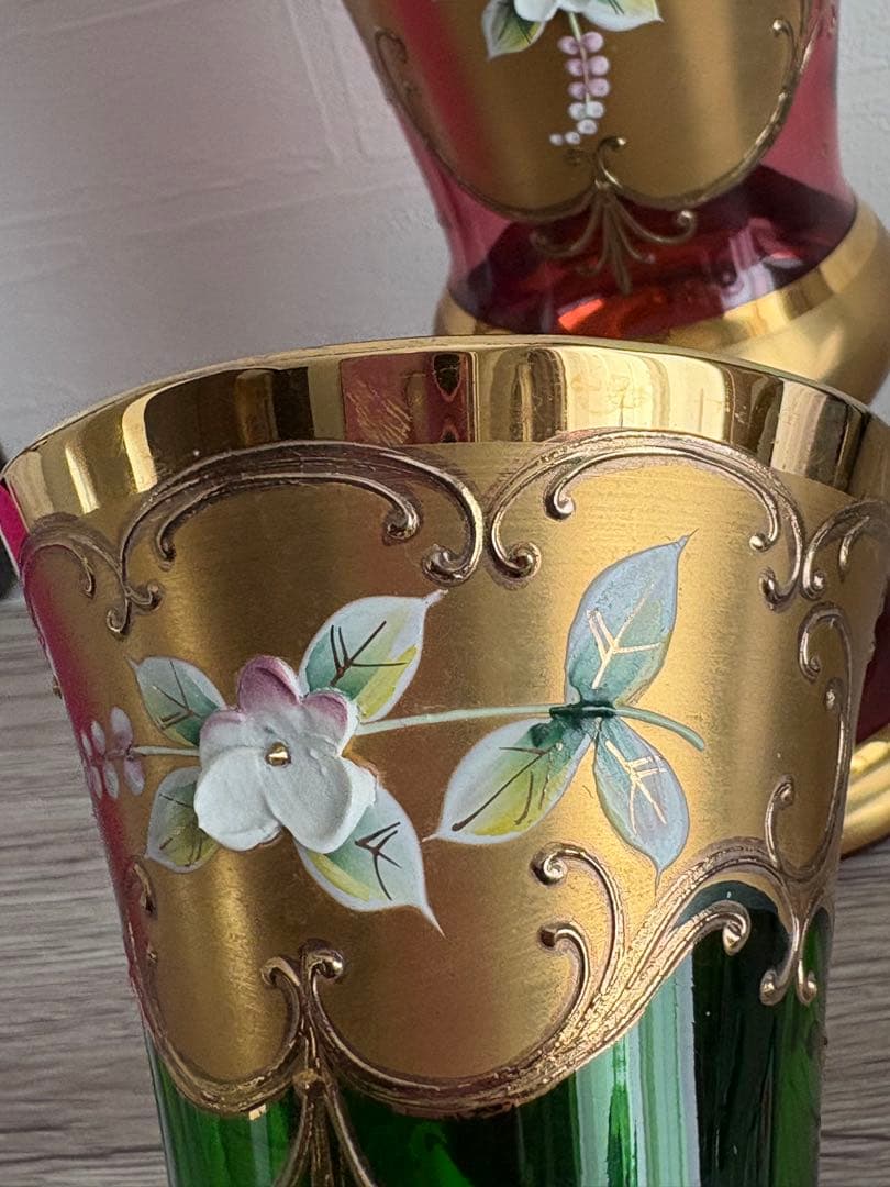 ベネチアングラス 花瓶 2点ペアセット エナメル彩 ムラーノ島 ヴィンテージ