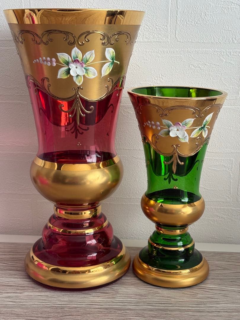 ベネチアングラス 花瓶 2点ペアセット エナメル彩 ムラーノ島 ヴィンテージ