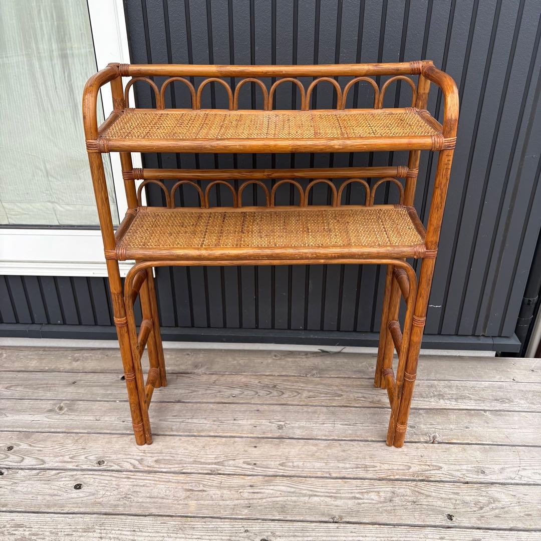 昭和レトロ 籐家具 ラタン 2段オープンシェルフ 飾り棚 フラワーラック 古家具