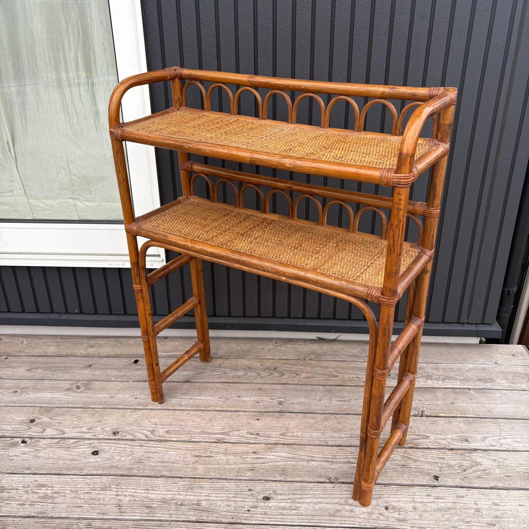 昭和レトロ 籐家具 ラタン 2段オープンシェルフ 飾り棚 フラワーラック 古家具