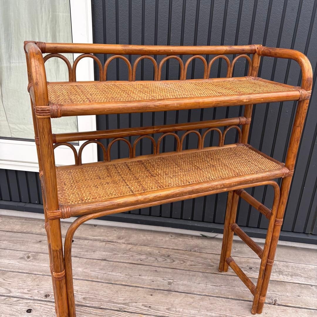 昭和レトロ 籐家具 ラタン 2段オープンシェルフ 飾り棚 フラワーラック 古家具