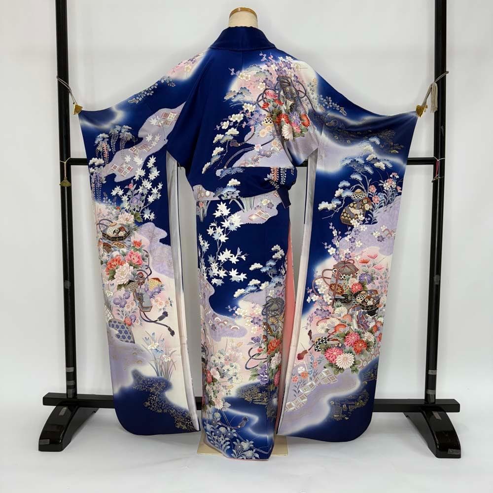 振袖 正絹 青 白 古典花柄 裄70㎝ 成人式 中古 b-66