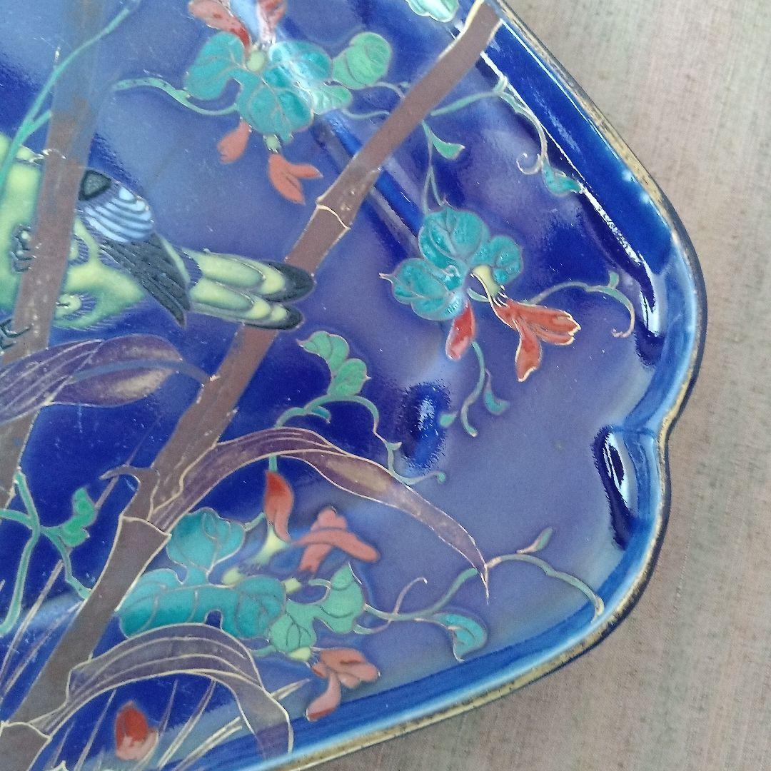 （希少）　明治伊万里　オールド香蘭社？　瑠璃花鳥菱形変形皿　　有田焼