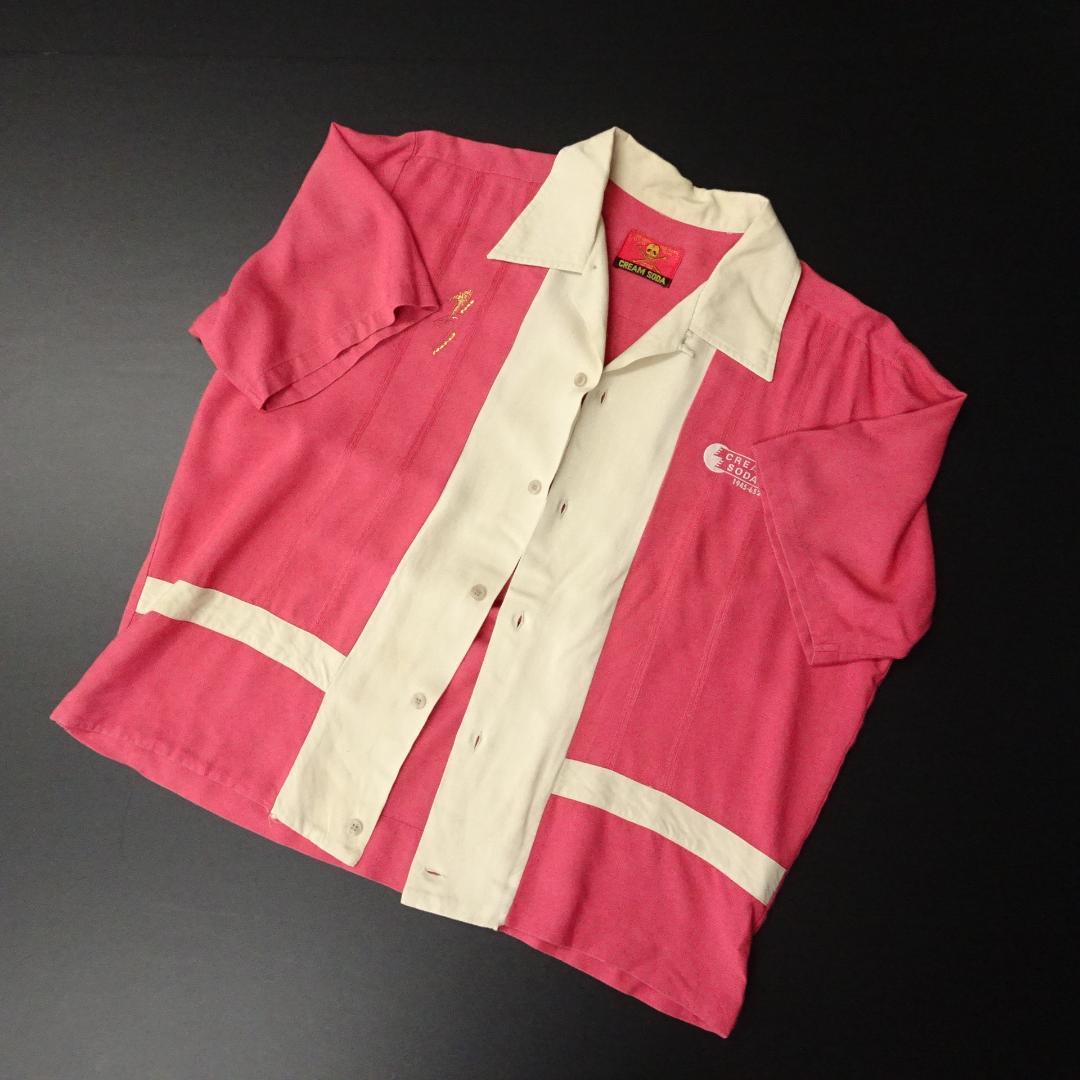 80s- CREAM SODA 半袖ボーリングシャツ 金タグ 刺繍 希少アイテム