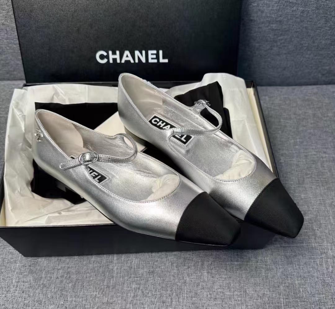 CHANEL シルバー ブラック バレエシューズ 37