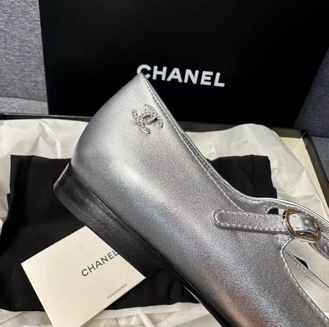 CHANEL シルバー ブラック バレエシューズ 37