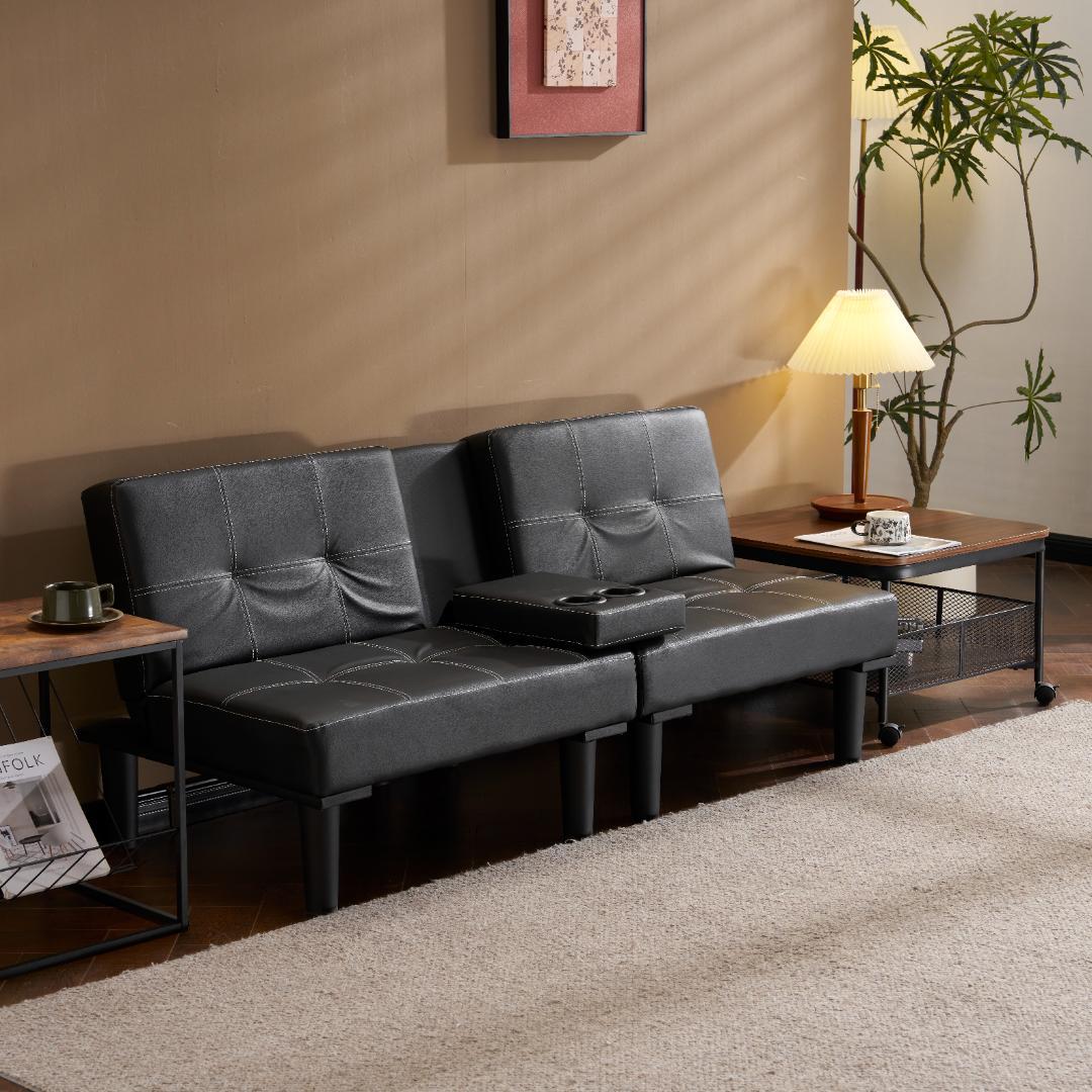 超人気！ソファベッド ソファ ベッド カップホルダー付き 組立て簡単 BLACK