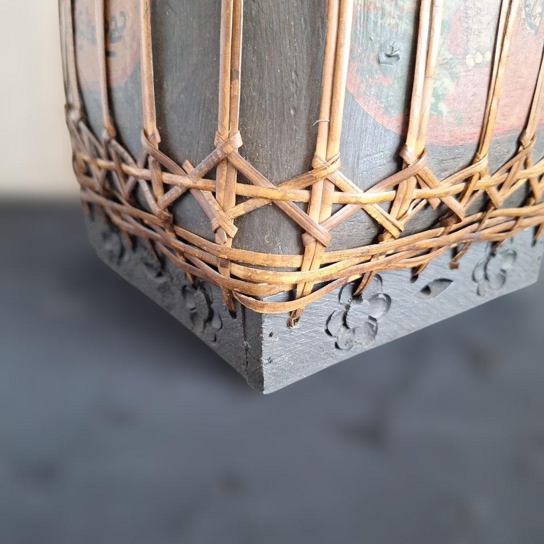 希少 タイ ラオス 伝統工芸品 もち米入れ 手描き 象 親子 ラタン編み 骨董