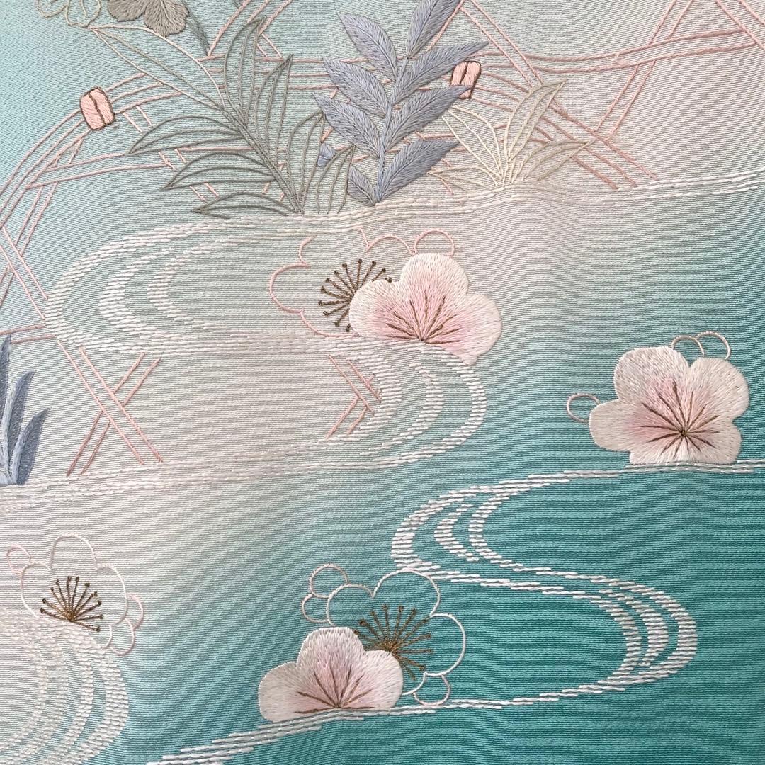 ★淡い水浅葱色　身丈157 刺繍　訪問着　着物　NO44 フルセット可