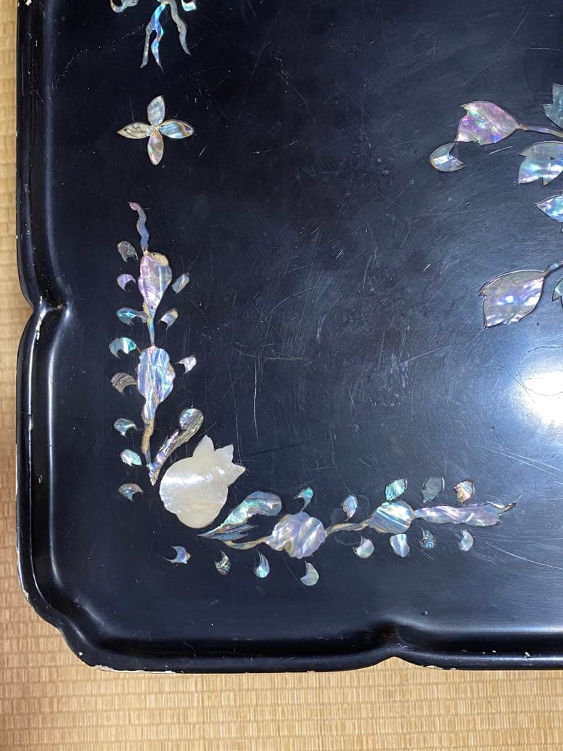 ♦中国清時代 花 蝶 柘榴 富貴 吉祥文 螺鈿細工 輪花 四方足 花台 骨董品