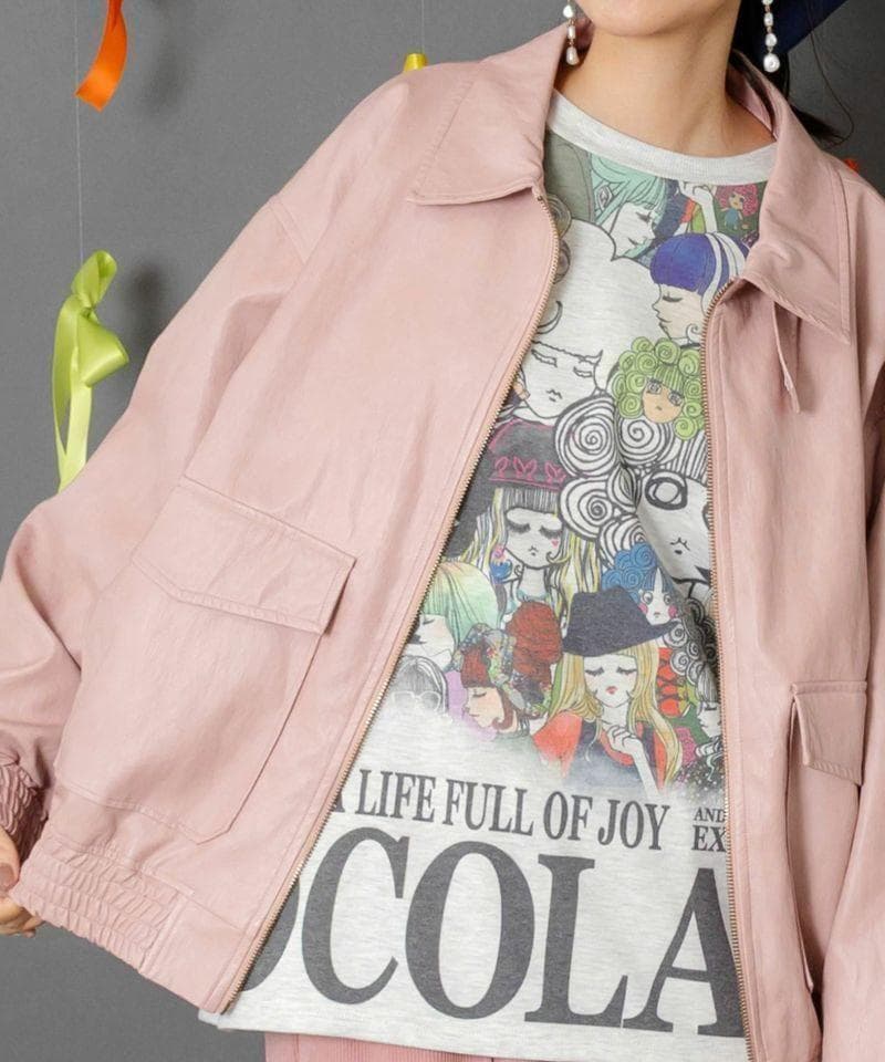 ScoLar 153771：ネコ刺繍フェイクレザー×裏地ブルゾン