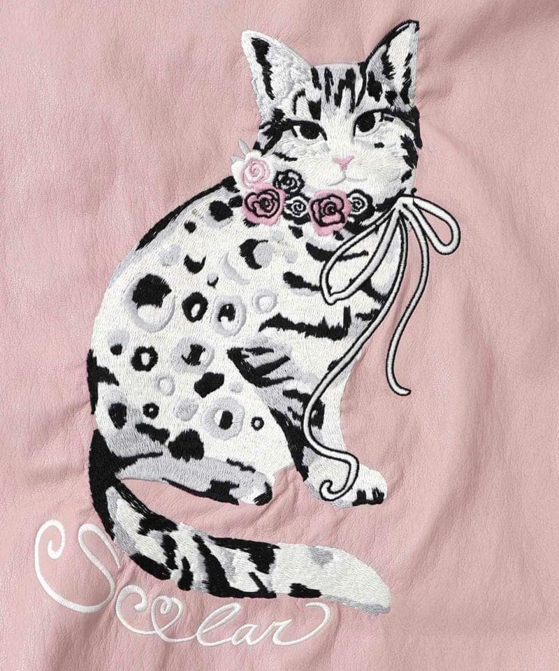 ScoLar 153771：ネコ刺繍フェイクレザー×裏地ブルゾン