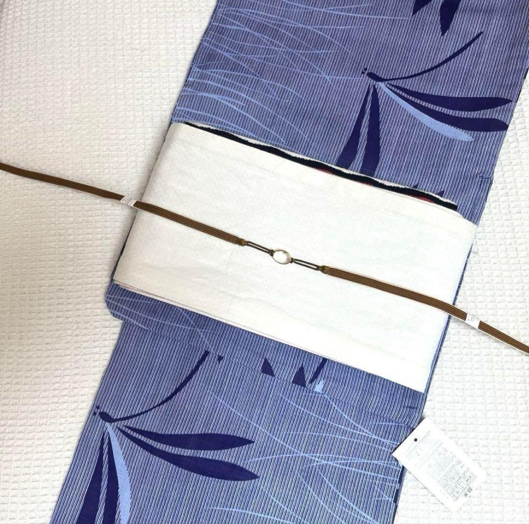 綿麻 浴衣 蜻蛉 芝 縞 青色 ブルー フリーサイズ 未使用