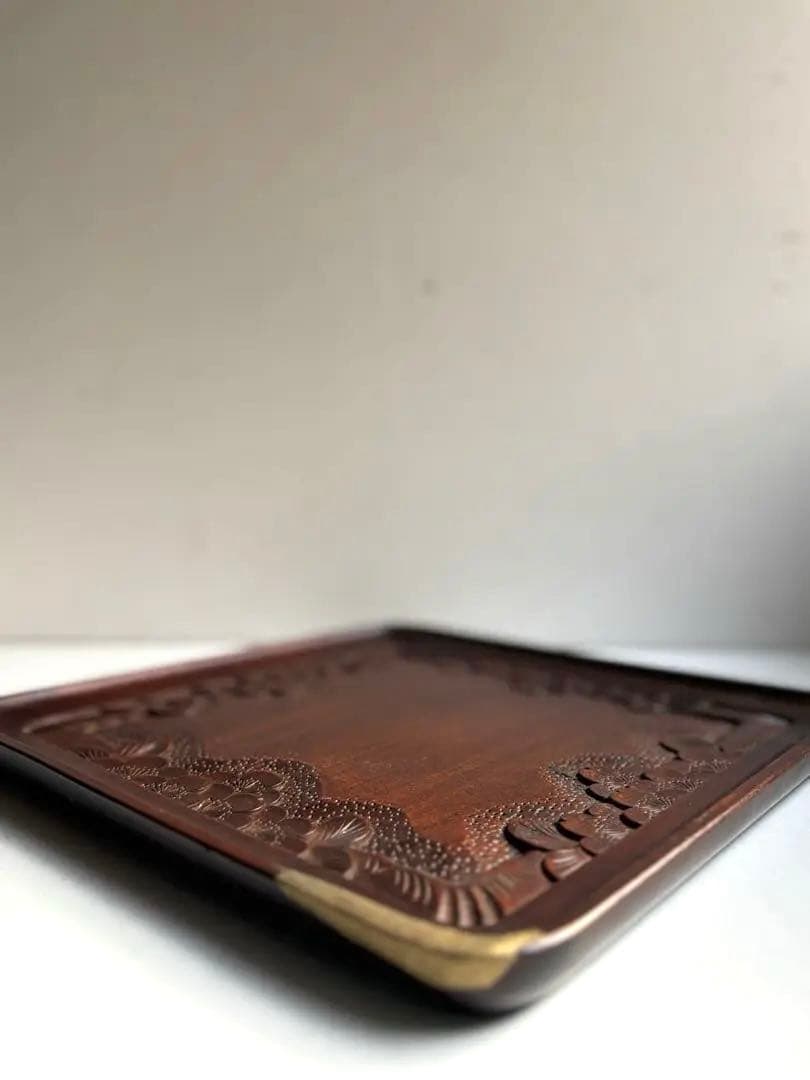 755 ヴィンテージ 軽井沢彫 桜彫 角盆 大阪屋家具店 金継ぎ 民芸 工芸