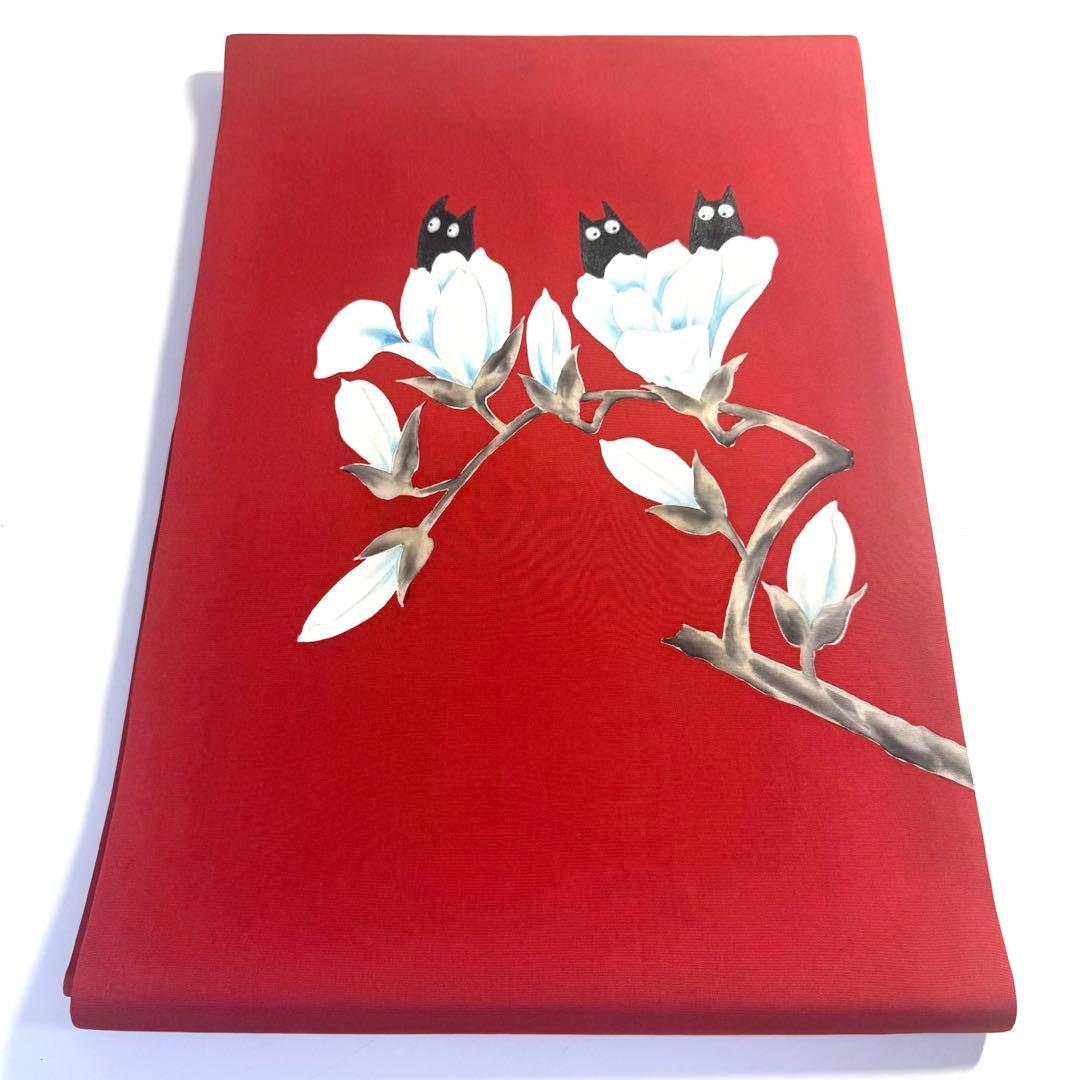 5k2293 名古屋帯　絹　塩瀬帯　猫　手書き　染め　赤　白　黒　花柄　和装