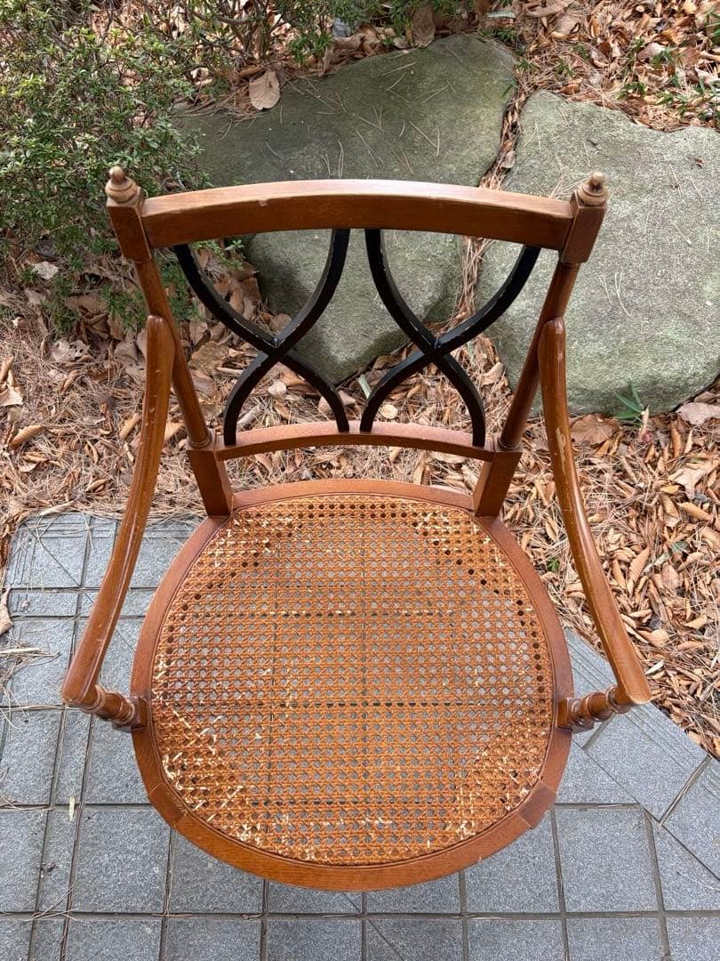 難あり アンティーク 木製ラタンチェア クロスデザイン 椅子 アールデコ