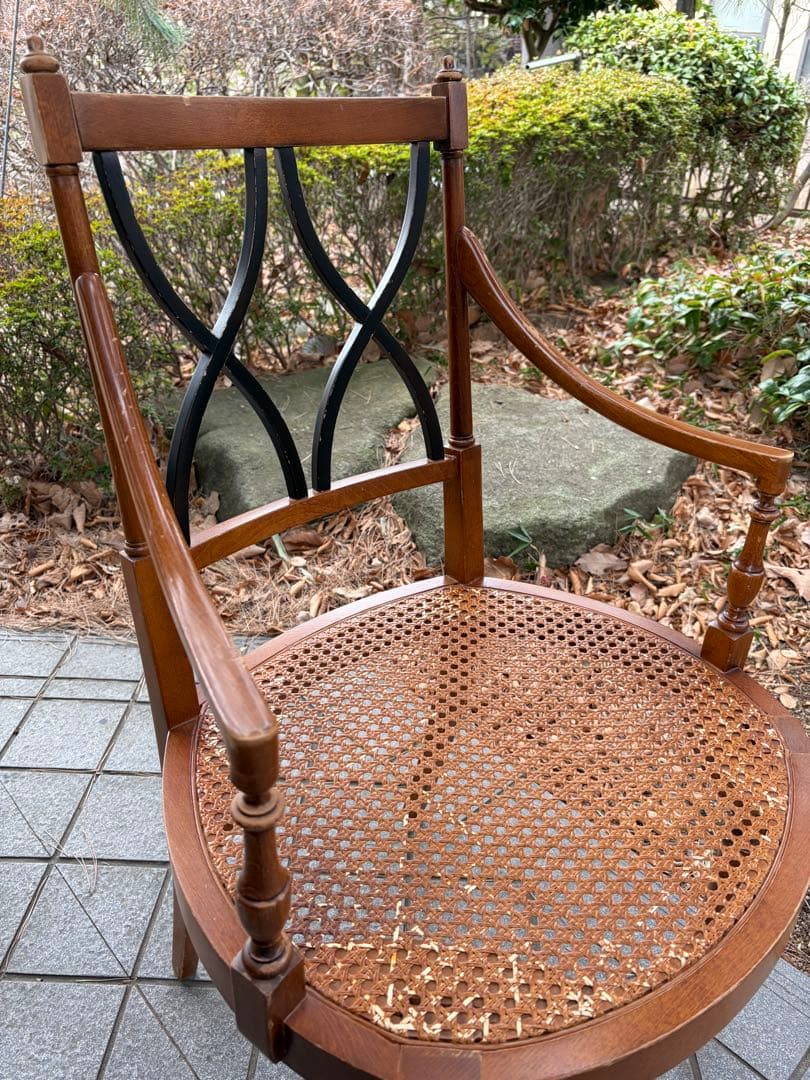難あり アンティーク 木製ラタンチェア クロスデザイン 椅子 アールデコ