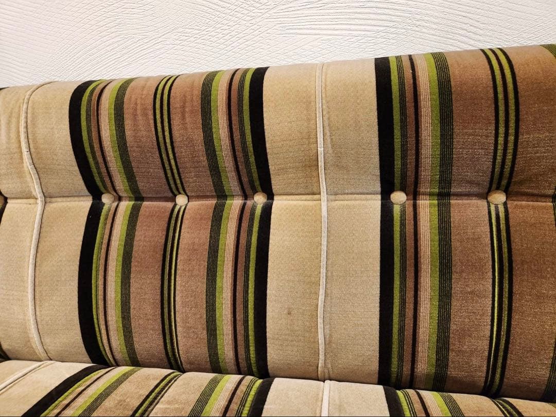 昭和レトロ　アンティーク ストライプ3pソファ モケット　ファブリック