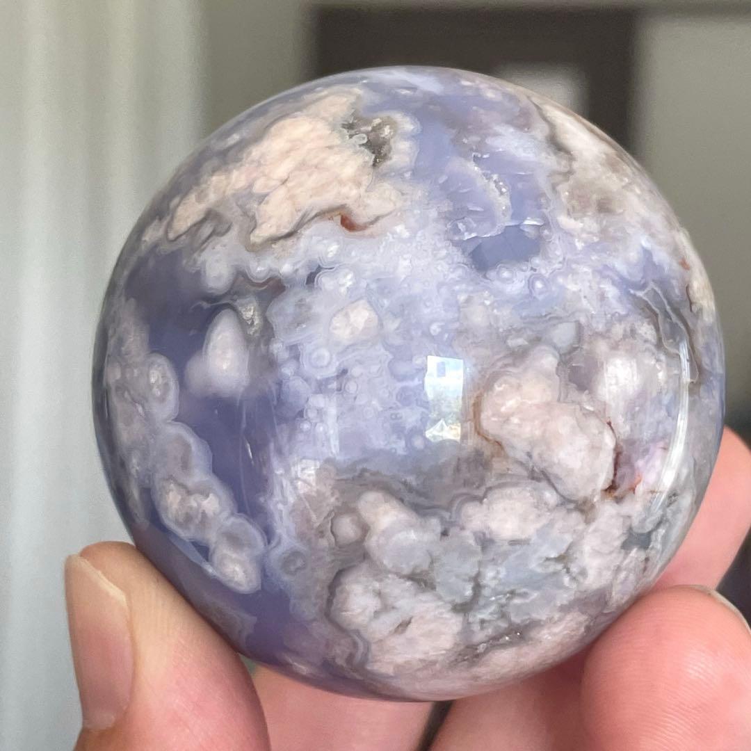 54mm大きなブルー桜瑪瑙 スフィア 天然石 置物