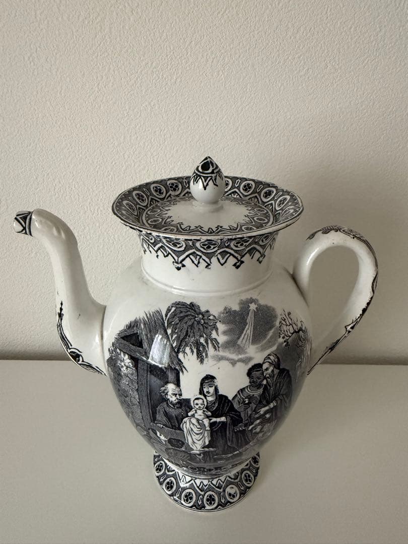 アンティーク　カフェティエール　ファイアンスフィーヌ　クリームウエア　グリザイユ