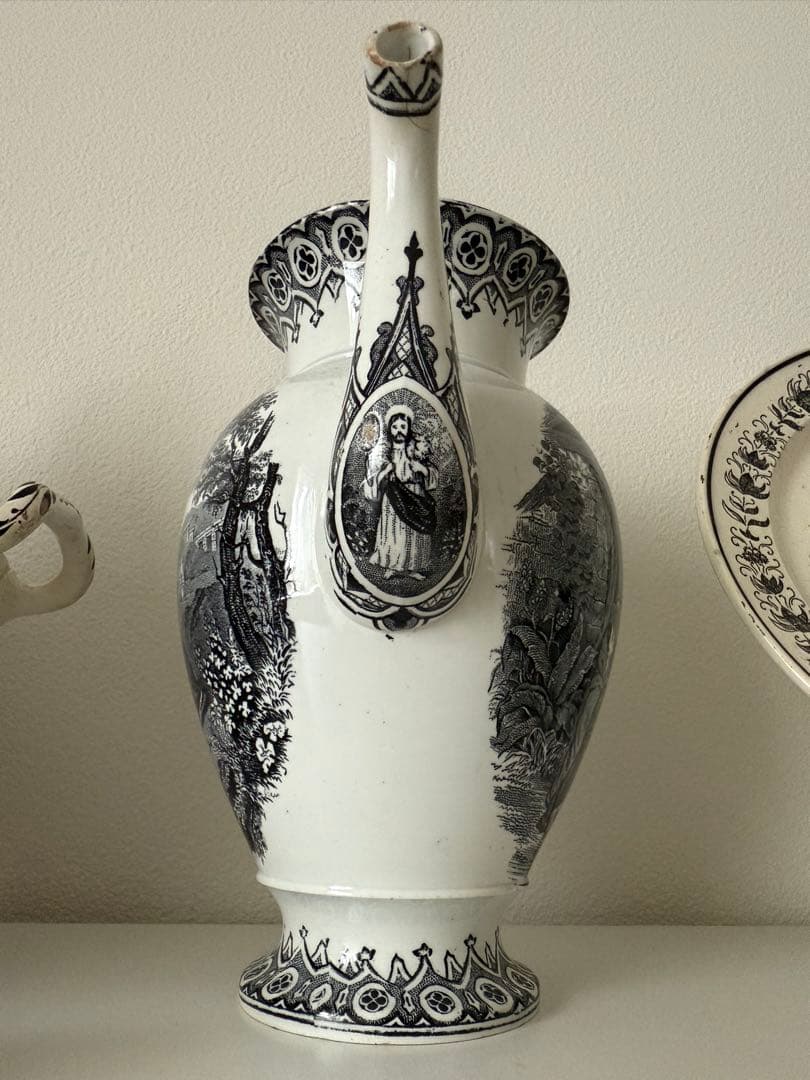 アンティーク　カフェティエール　ファイアンスフィーヌ　クリームウエア　グリザイユ