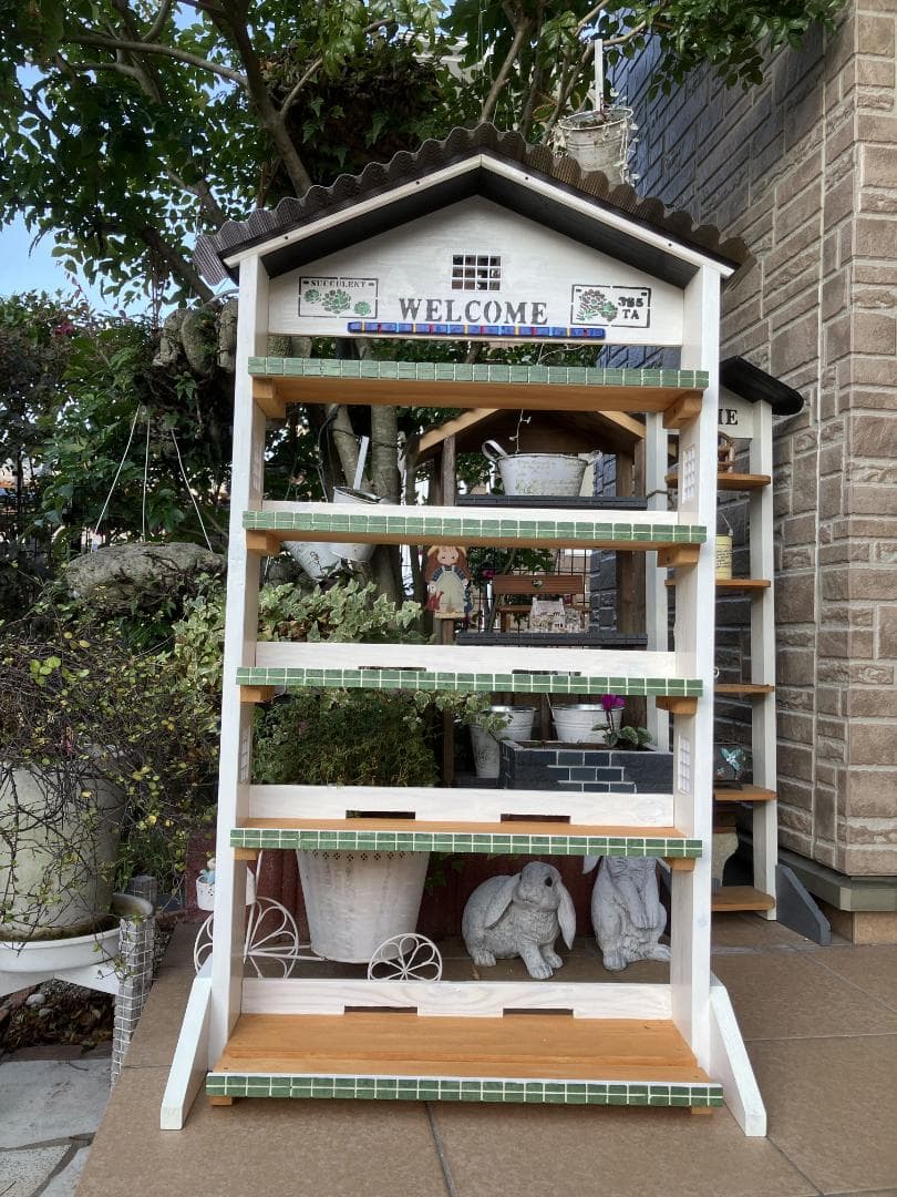 No2　 三角お屋根の簡単移動 多肉植物棚　welcome　white　5段