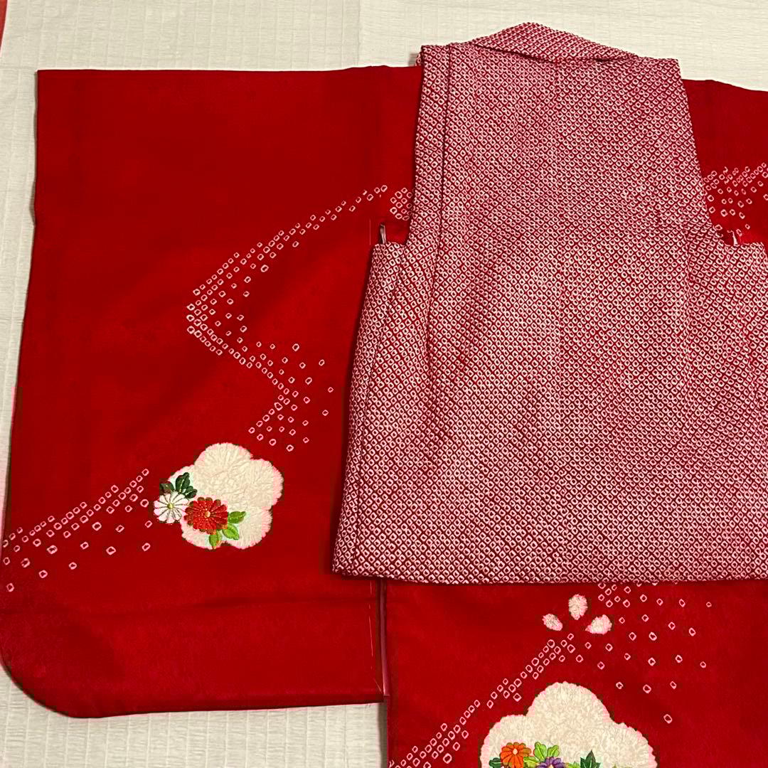 七五三 3歳 フルセット 総絞り 着物 正絹 被布 刺繍 三歳 赤 草履 753