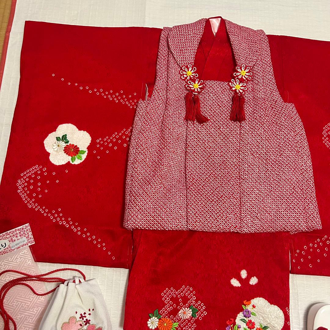 七五三 3歳 フルセット 総絞り 着物 正絹 被布 刺繍 三歳 赤 草履 753