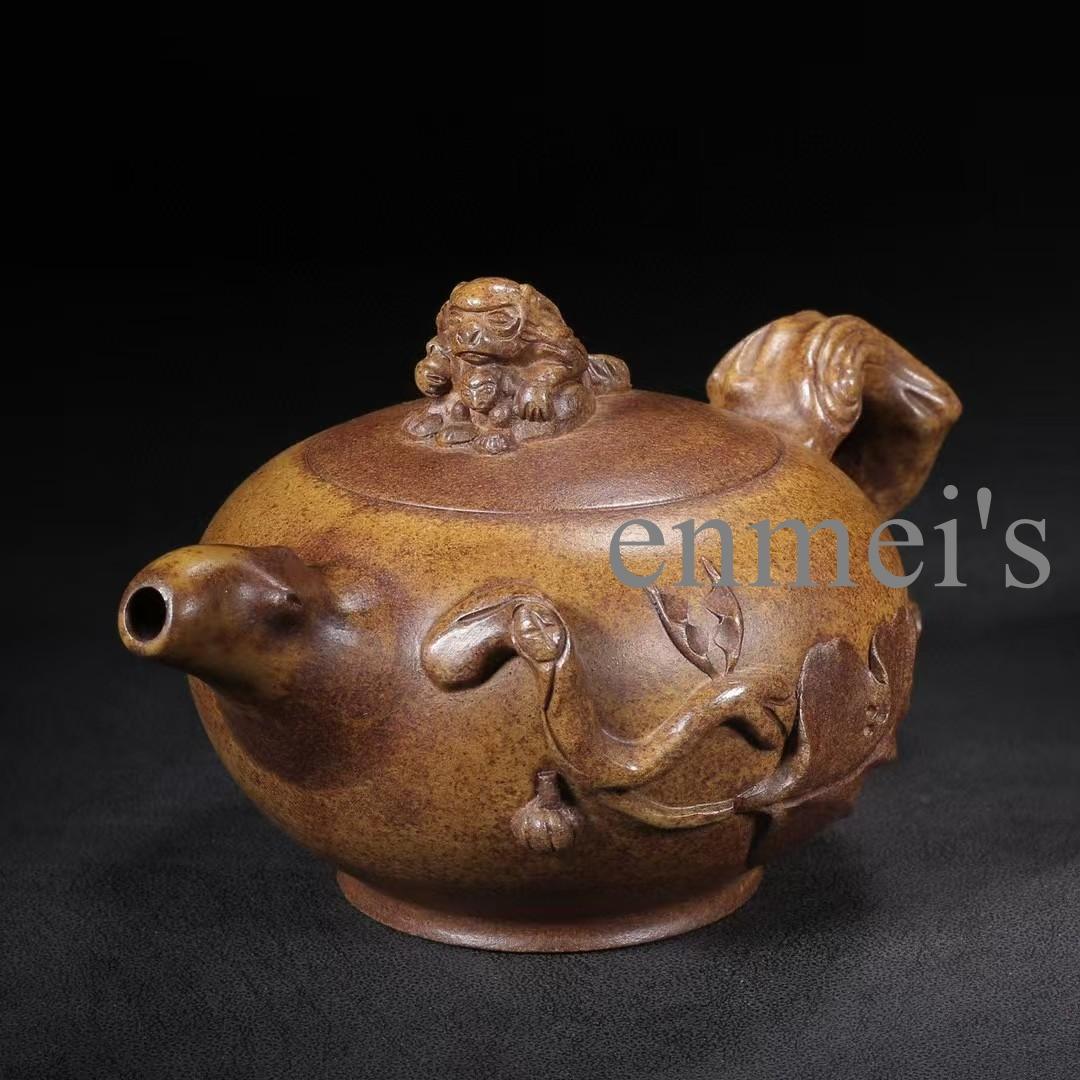 中国紫砂壺・母子獅子彫刻茶壺・底款:蒋蓉・原鉱段泥・急須・茶道具・置物・煎茶道具