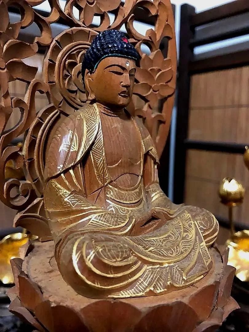 仏教美術 時代 木製 金彩 釈迦如来像 仏像 H30㎝