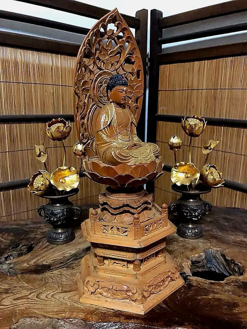 仏教美術 時代 木製 金彩 釈迦如来像 仏像 H30㎝