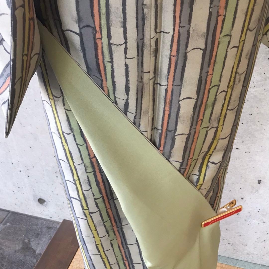 【竹柄】本場大島紬　デザイン柄　染　袷　落款　パールトーン加工