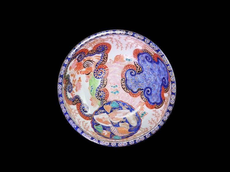 古伊万里　金襴手　流水にオシドリ　菊に尾長鳥の図　大鉢　D078AS-fbqm